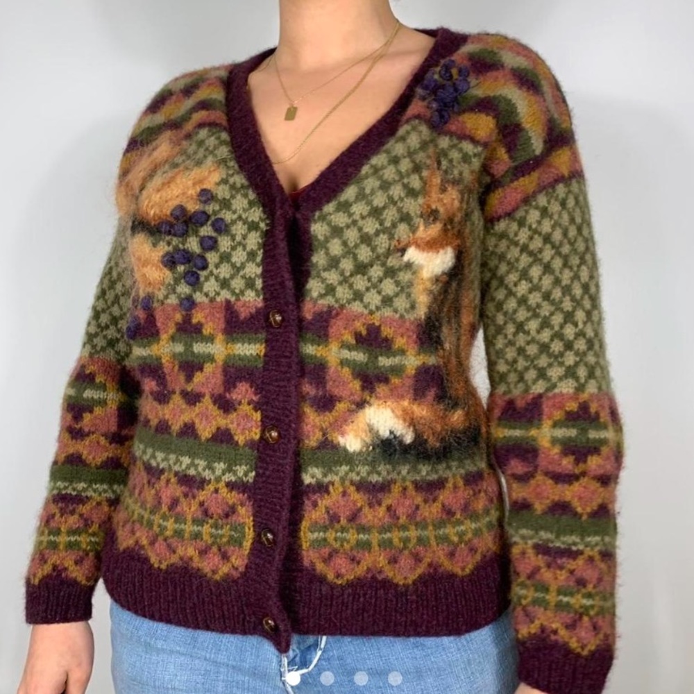 VINTAGE GRANDMA EARTHY TONES PATTERN BUTTONED DOWN KNIT SWEATER CARDIGAN